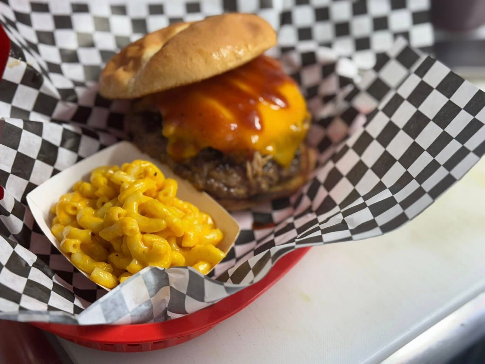 BBQ cheeseburger with a side of mac and cheese